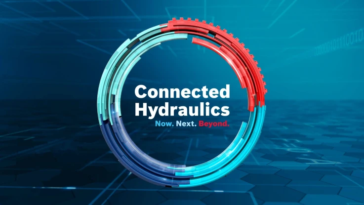 红蓝相间的圆形图案设计，配以文字 "Connected Hydraulics"（液压产品互联）