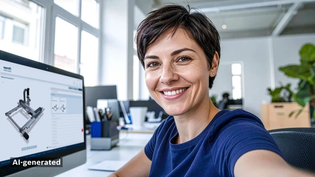 一位女性在办公室的办公桌前自拍。背景中她的显示器上，可见博世力士乐的多轴系统。