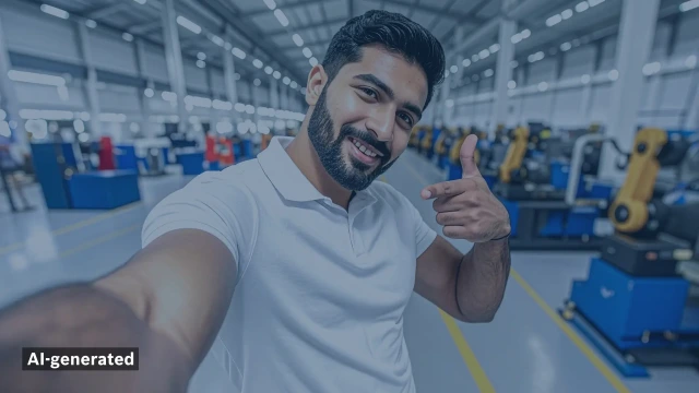 年轻男子在工厂车间里自拍，背景中是机器人。