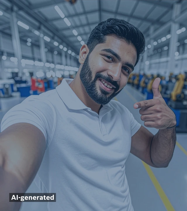 年轻男子在工厂车间里自拍，背景中是机器人。