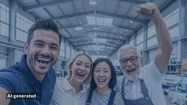 一支多元化的团队在工厂车间里自拍。