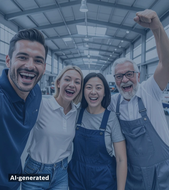 一支多元化的团队在工厂车间里自拍。