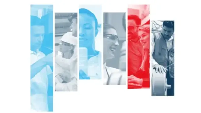 在白色背景上，以垂直彩色滤镜分割展示多元化专业人士在工业和协作工作环境中的拼贴画