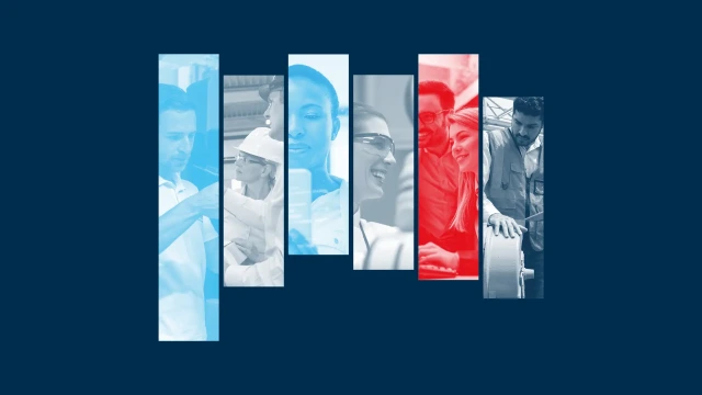 在深蓝色背景上，以垂直的彩色滤镜分割展示多元化专业人士在工业和协作工作环境中的拼贴画