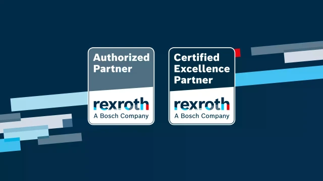 博世力士乐授权合作伙伴和卓越认证合作伙伴项目的标志，配以蓝色和灰色的动态背景元素