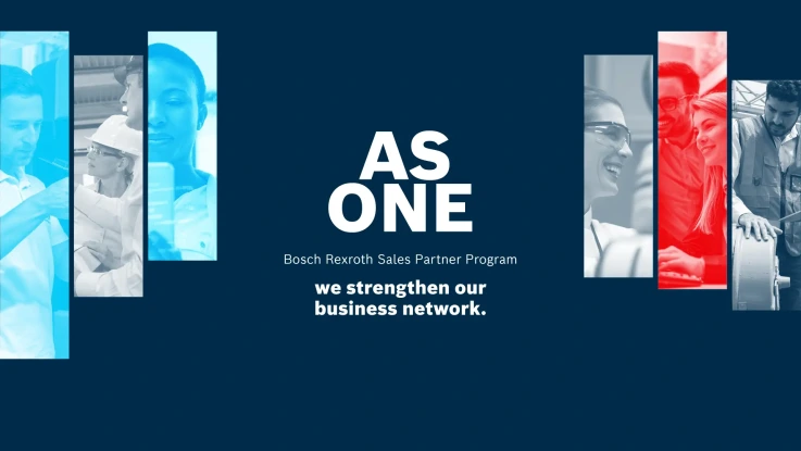 博世力士乐销售合作伙伴计划视觉图，配有标语：“戮力同心，强化我们的业务网络”，展示多元化专业人士以垂直彩色滤镜分割呈现