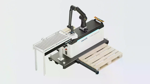一个力士乐协作机器人码垛系统，展示协作机器人、辊道输送机和一个空木托盘。