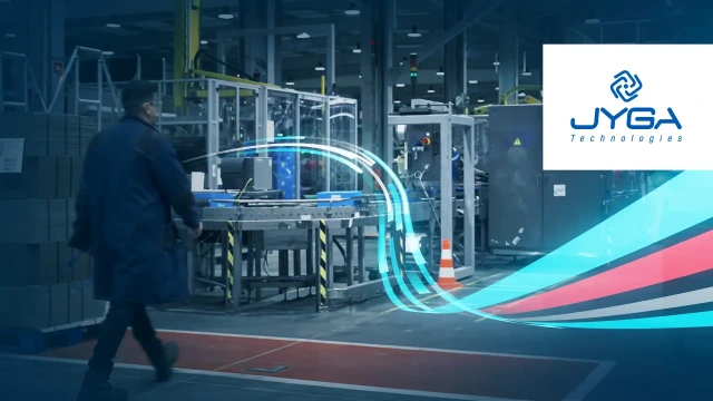 工厂场景，展示自动化设备及JYGA Technologies的标志。