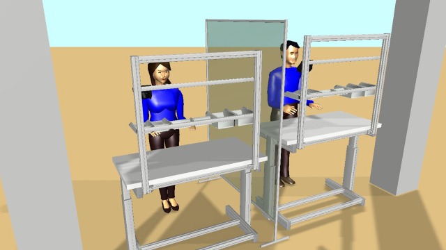 MTpro ManModel – 两名员工在装配工作站工作，由 Bosch Rexroth 的保护隔墙隔开