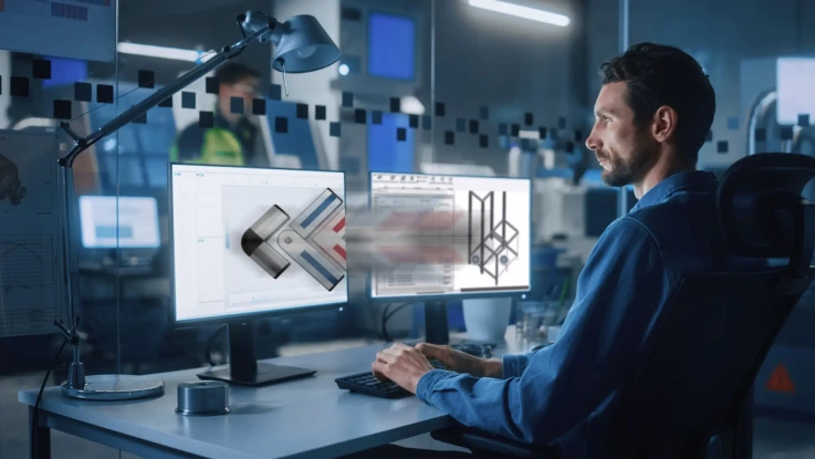 工程师在使用双显示器进行 CAD 设计工作。
