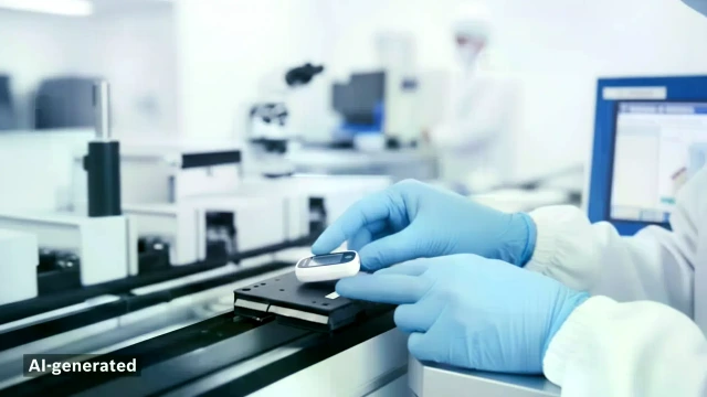 一名身着防护服的工作人员，正将医疗器械放置于TS 1 输送系统的工件载具上