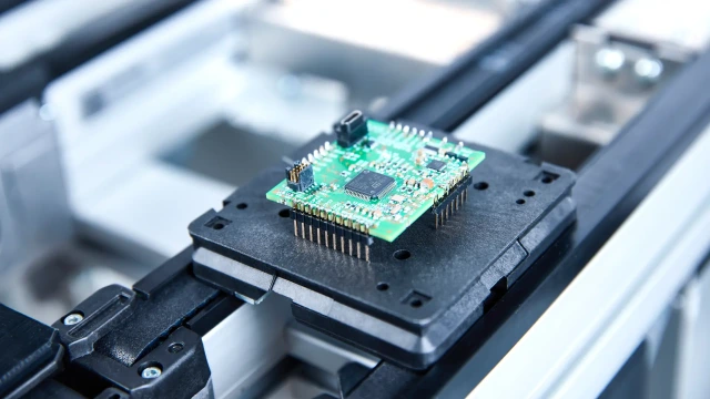 博世力士乐TS 1 输送系统正在搬运一块精密的印刷电路板（PCB）