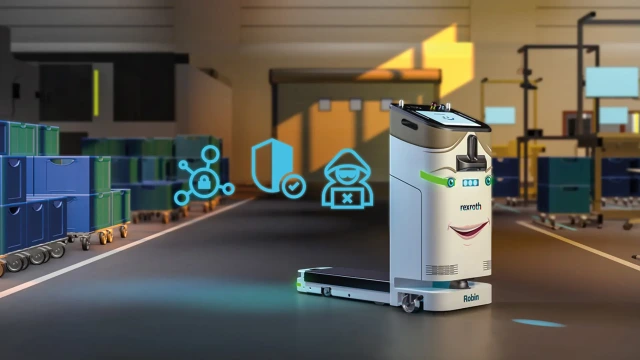 仓库场景下的 ACTIVE Shuttle，背景图标象征网络与数据安全