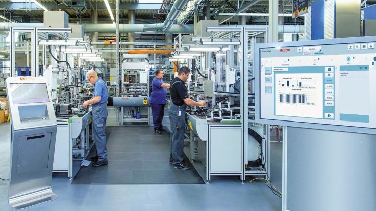 员工正在使用 Bosch Rexroth 的 ACTIVE  Cockpit 进行精益生产