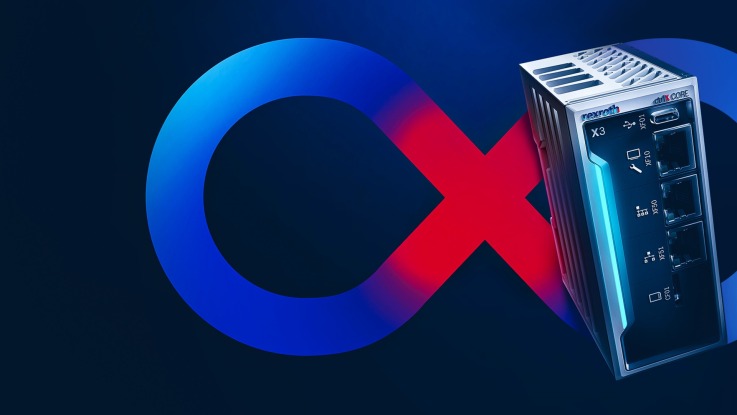 ctrlX AUTOMATION 的主视觉图是以红、紫两色写就的无穷大符号，它代表了 DevOps。位于它旁边的，则是 crtlX core x3 的产品图。