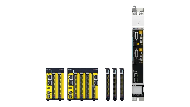 ctrlX Safety C.12 + C.15 及 ctrlX I/O 安全模块、带安全功能的驱动器的示意图。