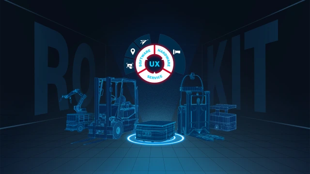力士乐 ROKIT 主视觉图。UX 字样显示在图片中央。该字样由带有红色边缘的圆环所包围，且圆环由名为软件、硬件和服务的三个按钮块围组而成。紧邻各个按钮块的，则是相应的产品图标。图标下方整齐排列着五台移动式机器人。