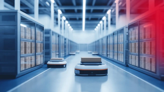 图中展示了面向移动式机器人的解决方案套件的所有组件，包括来自 ctrlX AUTOMATION 产品组合的硬件和软件组件。背景呈蓝红渐变色。 