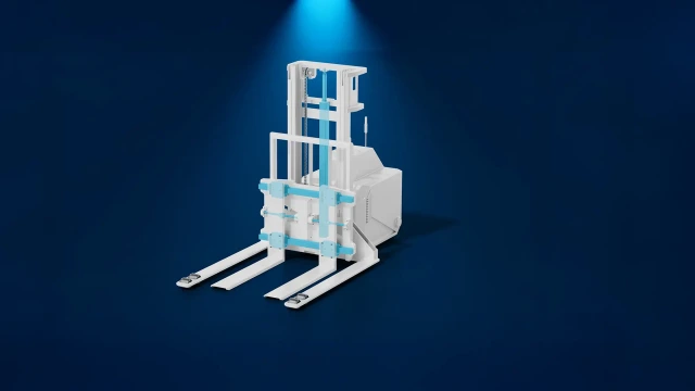 图中展示了叉车 AGV 的起升单元，其机电缸、线性导轨和丝杠传动部件呈青绿色。