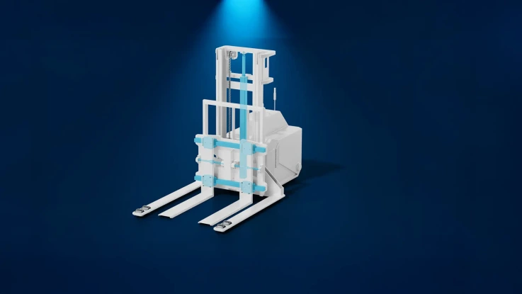 图中展示了叉车 AGV 的起升单元，其机电缸、线性导轨和丝杠传动部件呈青绿色。