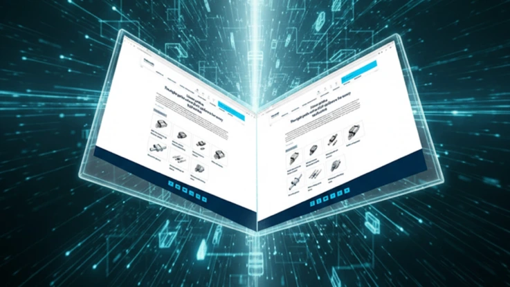 数字目录图像。前景是一本开放目录，展示页面内容，背景是抽象且发光的蓝白线条。