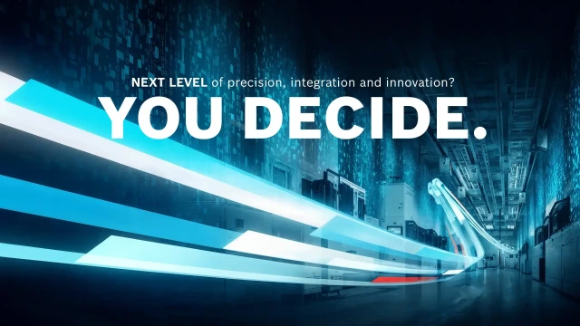 背景图案，文字为“NEXT LEVEL of precision, integration and innovation?YOU DECIDE.”