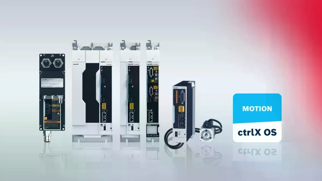 图片展示了博世力士乐产品组合中的多种驱动设备，并搭配 ctrlX MOTION 应用图标。