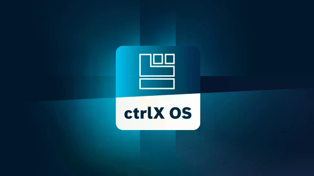 图片展示了 ctrlX OS（Linux 操作系统）的应用图标，位于带有渐变色的深蓝色背景前。 