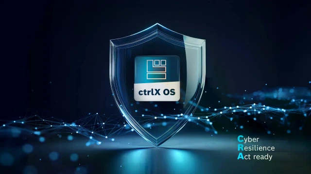 图片展示了基于 Linux 的操作系统 ctrlX OS 的应用图标，位于一个玻璃盾牌内，背景为深蓝色，并带有象征网络互联的设计元素。图片右下角嵌入了文字 “Cyber Resilience Act ready”。