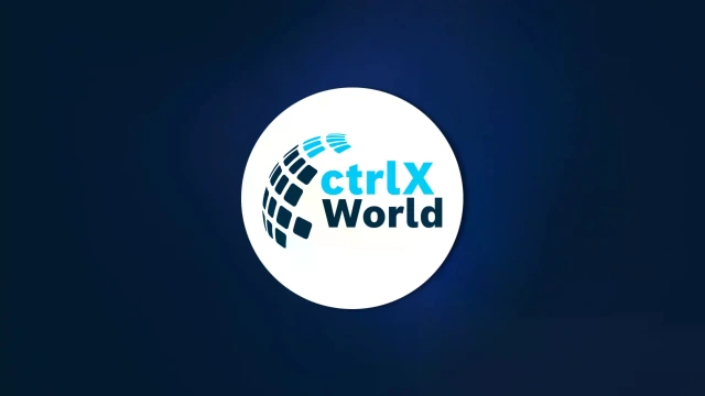 图片展示了文字 “ctrlX World” 与方块图案的组合，这些方块呈球状排列，类似地球的形状，象征 ctrlX World 的合作伙伴网络。两个元素位于蓝色背景上的白色圆圈内。