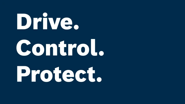 深蓝色背景上印有白色文字“Drive. Control. Protect.”