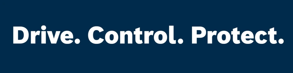 深蓝色背景上印有白色文字“Drive. Control. Protect.”