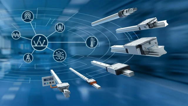 力士乐产品系列中的 6 种不同线性导轨飞向观众。