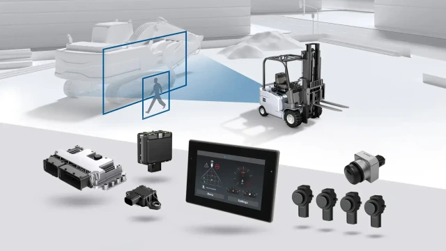 力士乐工程机械防碰撞软件：安全区域、传感器、控制元件。