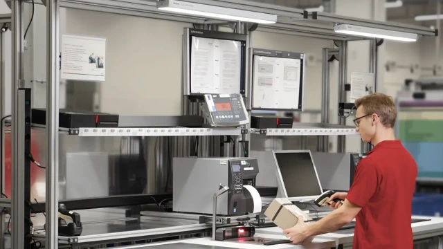 一名员工在物流工位扫描包裹