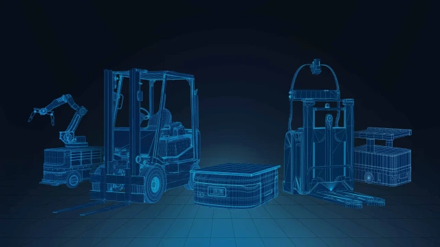 五辆工业车辆（机器人、叉车）在蓝色背景前一字排开