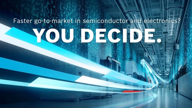 背景图案，文字为“Faster go-to-market in semiconductor and electronics? YOU DECIDE.”