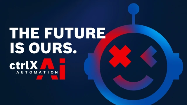 该图片展示了ctrlX AUTOMATION AI营销活动的主视觉图。该设计以活动特有的红蓝渐变色为背景，展示了一个机器人笑脸。该图配有“THE FUTURE IS OURS.”（未来属于我们。）的口号和相应的AI标志。