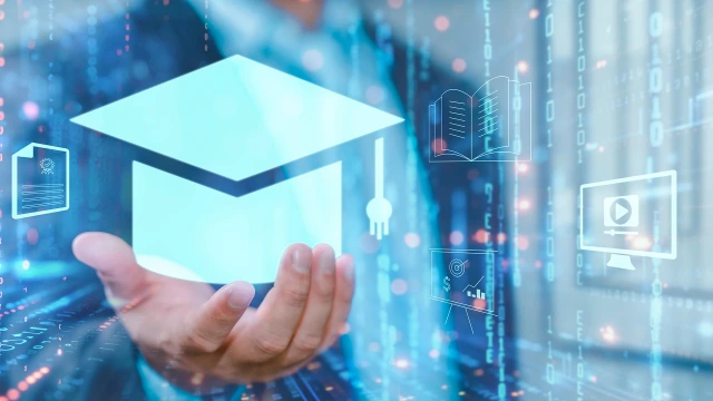 数字化学习：一只手掌上方悬浮着发光的方帽，周围环绕着与学习和认证相关的图标——象征着博世力士乐学院现代化、高品质的培训项目。